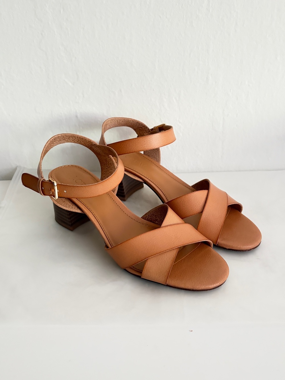 J. Crew Tan Crisscross Ankle Strap Low Block Heel Sandals